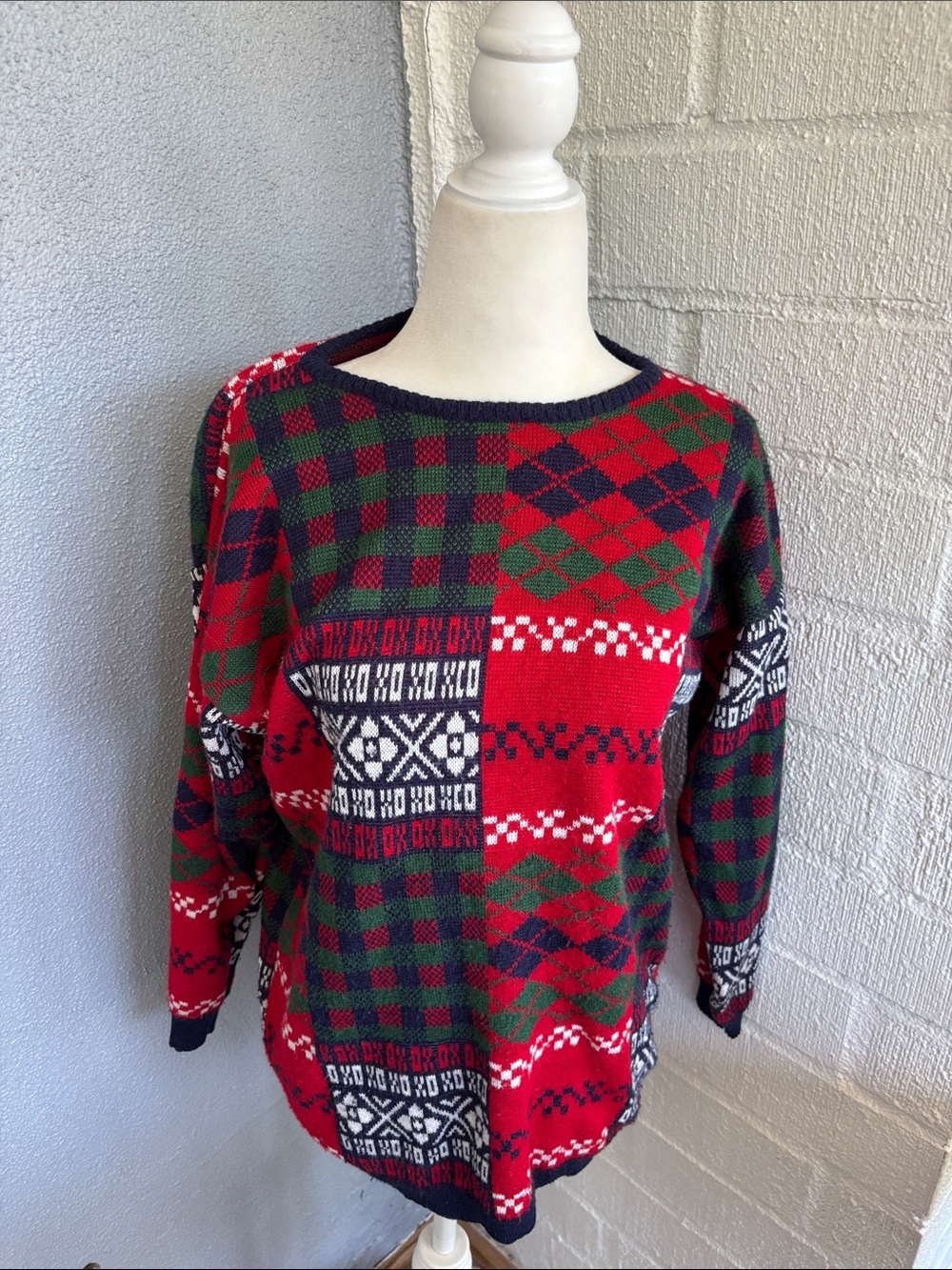 Patchwork Holiday Knit Boat Neck Sweater in Red, Green & Navy sz PM